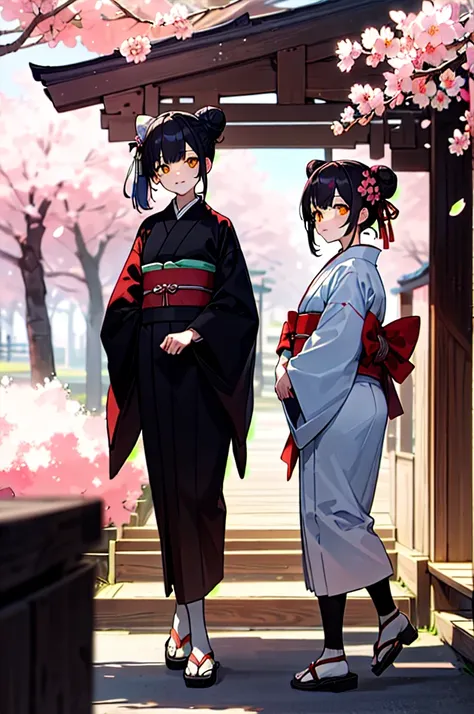 ((masterpiece,Highest quality)),Two Girls, black kimono, Black legwear, black ribbon, Black Hair, cherry blossoms, Day, flower, Hair Bun, hair ribbon, kimono, kimono, Long Hair, View your viewers, Recall, Multiple Girls, heart, Outdoor, Red eyes, Redhead, ...