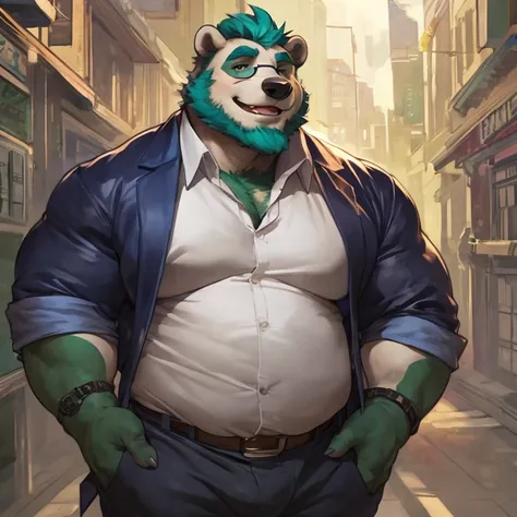 Solo, SemiMuscular Medium thin, male middle aged, anthro Badger, Master of Philosophy, black and creamy white fur, body beauty of a bluish-green tone, thin beard, flirting, dynamic light, opened Shirt, Spectacles, thick shirt ,Teal  hair and beard, extreme...