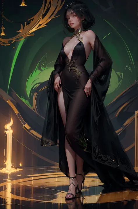 ((aeolian)), 1 ((young)) girl with a beautiful face and green eyes, Princess, (wearing a black gown), very long black hair, fantasy castle landscape, wearing high heels, full body view, jack-o pose