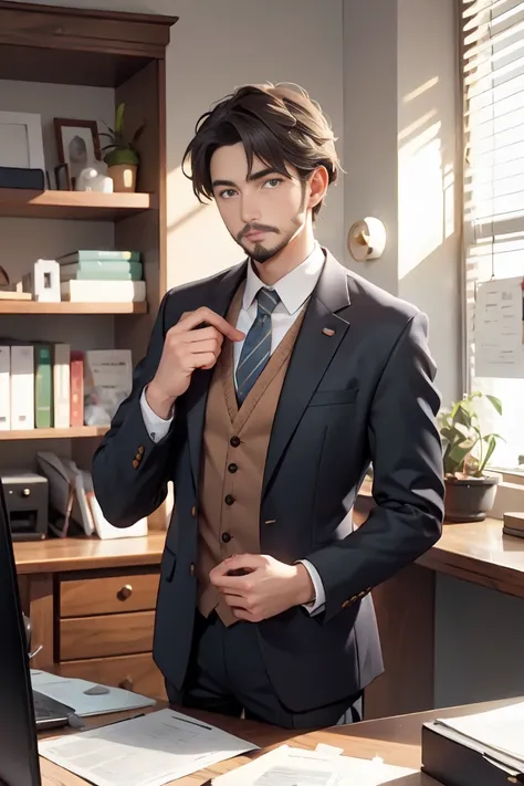 handsome , office,suit、pc、president、,short beard,short moustache,sense of cleanliness