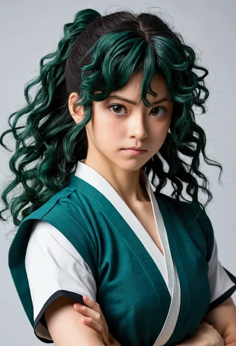 Izuku Midoriya, a woman with long hair, is wearing a jujutsu classic.. no muscles