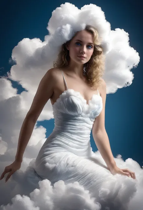 dans une soirée chic, a sublime french woman aged 25 wearing a long evening dress made of white clouds, longues jambes, cheveux ...