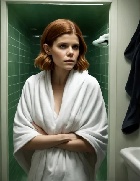 Kate Mara, age 25, dressed in a bath towel, is fleeing from her bathroom which is filling with translucent slime, movie monster Alien Xenomorph Face hugger
