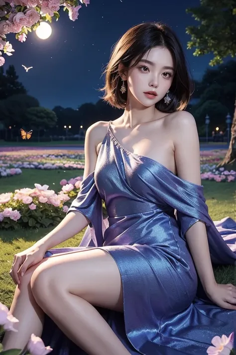 Condemnation Queens Dress, (night), ((single bare shoulder)), iridescence, In the park under the moonlight，A beautiful girl sitting among the flowers，Surrounded by blooming flowers and fluttering butterflies。Girl&#39;s cleavage is visible，The body leans ba...