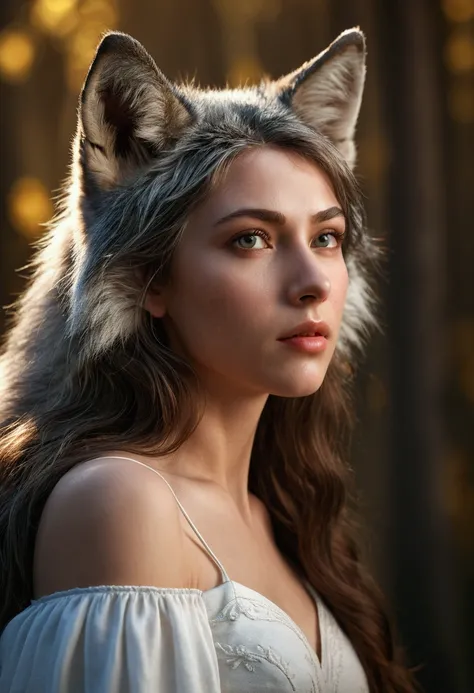 A wild gray wolf protects the beautiful girl
(Masterpiece: 1.5) (Photorealistic: 1.1) (Bokeh) (Best quality) (Detailed skin texture, pores, hair: 1.1) (Intricate) (8K) (hdr) (the wallpaper) (Cinematic lighting) (Sharp focus )