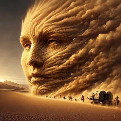 arafed image of a man with a large face and a caravan of people, surreal art, surrealistic digital artwork, sand desert fantasy,...