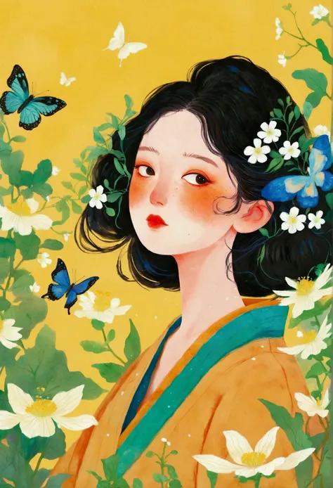 A painting with butterflies and flowers, poster ; summer, A beautiful artistic illustration, Li Song, inspired author Hsiao-Ron Cheng, author：Xiuhui Xuecun, author Hsiao-Ron Cheng, Pastel anime illustration, author Jeong Seon, author：Qingdao Qianfan, autho...