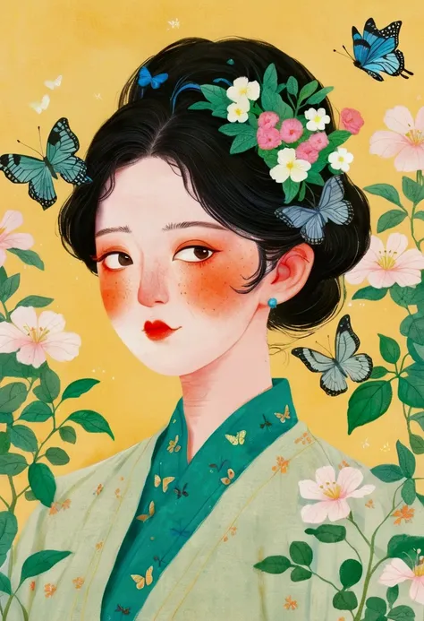 A painting with butterflies and flowers, poster ; summer, A beautiful artistic illustration, Li Song, inspired author Hsiao-Ron Cheng, author：Xiuhui Xuecun, author Hsiao-Ron Cheng, Pastel anime illustration, author Jeong Seon, author：Qingdao Qianfan, autho...