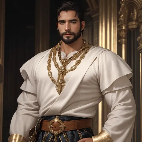 Masterpiece, high resolution, HDR, detailed composition, unique, hot handsome charming English mature hunk from the 1500s with a charming smile, patriarchy, medieval fashion, elegant white clothing, luxurious medieval white clothing with super fine golden ...