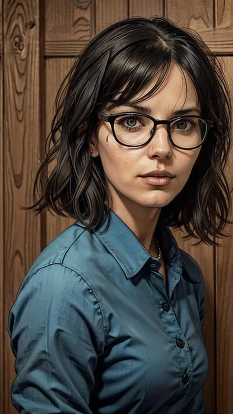 woman in blue shirt and glasses standing in front of a wooden wall, a portrait inspired by Bernardino Mei, reddit, renaissance, photograph credit: ap, lindsey look, blunt bangs fall on her forehead, medium closeup, in court, the woman is behind bars, robin...