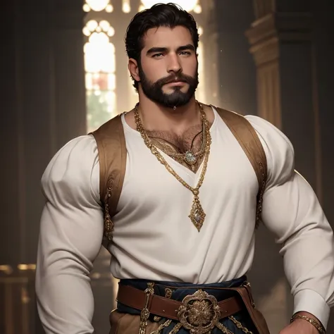 Masterpiece, high resolution, HDR, detailed composition, unique, hot handsome charming English mature hunk from the 1500s with a charming smile, patriarchy, medieval fashion, elegant white clothing, luxurious medieval white clothing with super fine golden ...