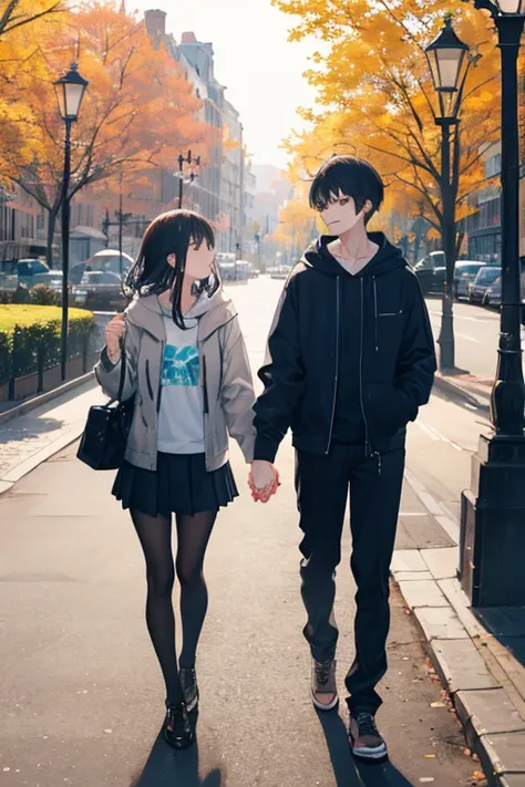 Couple holding hands: A couple of students hold hands on a street or in a park, Expressing attachment and love forever.