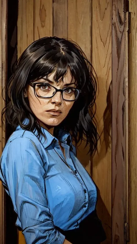 woman in blue shirt and glasses standing in front of a wooden wall, a portrait inspired by Bernardino Mei, reddit, renaissance, photograph credit: ap, lindsey look, blunt bangs fall on her forehead, medium closeup, in court, the woman is behind bars, robin...