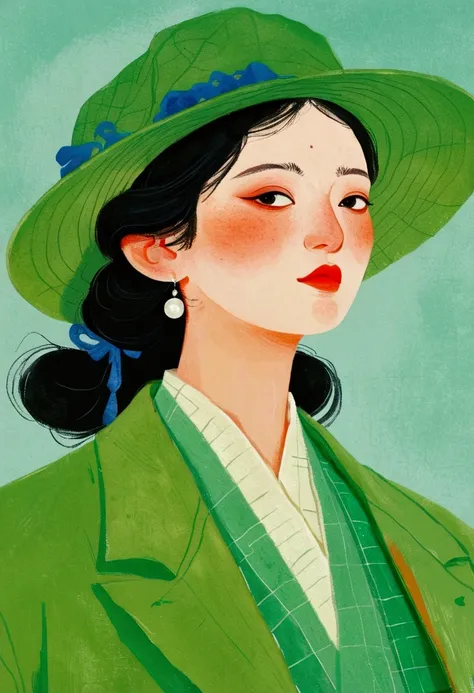 A picture of a man wearing a green hat、Painting of woman wearing green jacket, by Zou Zhe, Li Song, Mei Qing, author：Louis van Baarle, author：unbelievable, Illustration style, author Choi Buk, by Zou Yigui, Fine quality illustrations, Otto Schmidt, Popular...