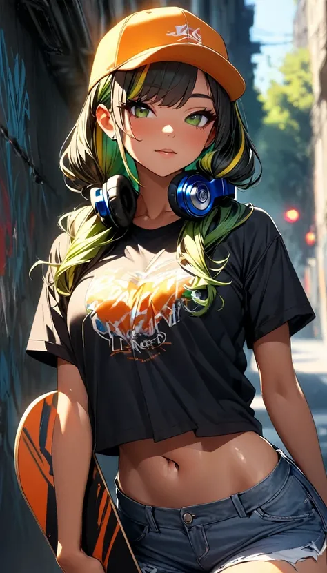 (highest quality:1.2, Very detailed, up to date, Vibrant, Ultra-high resolution, High Contrast, masterpiece:1.2, highest quality, Best aesthetics), Portraiture、solo, girl、(slim:1.3), (25-years-old), ((Skateboarder:1)), (orange baseball cap:1.5), (wearing h...