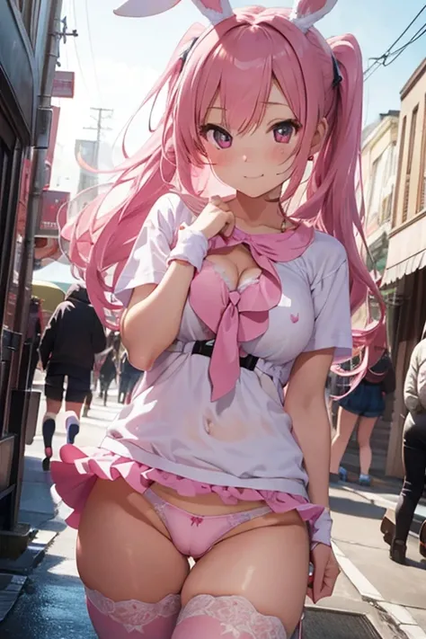 cute and sexy girl, pink hair, a bunny girl, ultra realistic, detailed lighting, anime, having, pink panties cameltoe