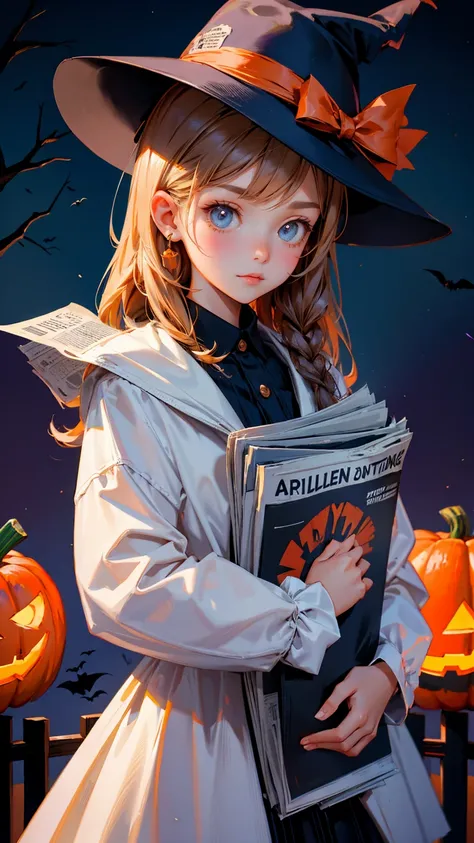 cute girl wearing hat and holding up a newspaper with the text "Announcement of Announcement," written on it, with a Halloween background and spooky trees in the back