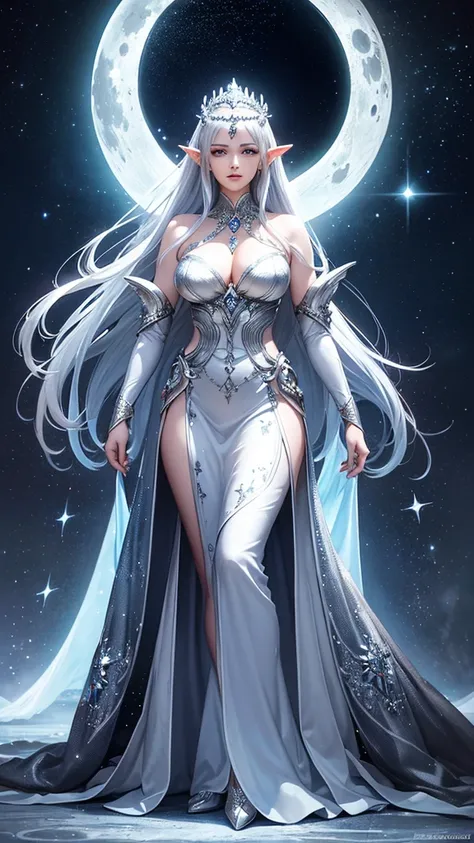 a woman in a silver dress standing in front of a moon, fantasy art style, glowing with silver light, ((a beautiful fantasy empress)), beautiful celestial mage, celestial goddess, goddess of the moon, moon goddess, beautiful and elegant elf queen, 8k high q...