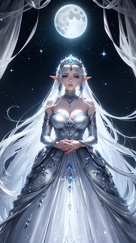 a woman in a silver dress standing in front of a moon, fantasy art style, glowing with silver light, ((a beautiful fantasy empress)), beautiful celestial mage, celestial goddess, goddess of the moon, moon goddess, beautiful and elegant elf queen, 8k high q...