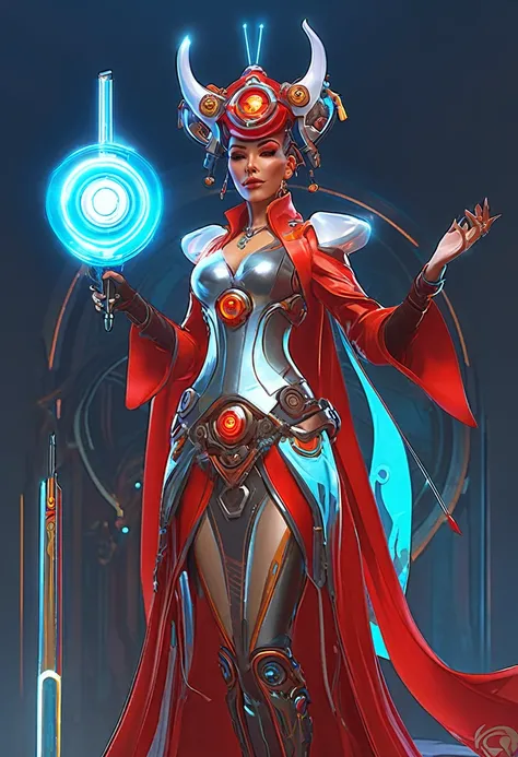 Ava Red, the Wizard of Magical Colors, mechanical priestess, Honky Tonk Girl, translucent reflective fabric, cyberpunk, character concept art, by Peter Mohrbacher and Alphonse Mucha, overwatch, weapon, detailed, style, 8k, trending on artstation, unreal en...