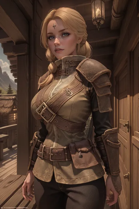 1 girl, masterpiece, 32 yo, female breton beauty sits outdoors in a rustic Skyrim village, surrounded by thatched roofs and lush greenery. The sun casts a warm glow on her porcelain skin as she gazes directly into the camera lens, her piercing green eyes s...