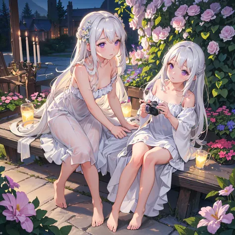 (best quality,4K,8K,high resolution,masterpiece:1.2),Very detailed,(Practical,photoPractical,photo-Practical:1.37),illustration,Soft Light,White hair girl,Deep purple eyes,Glowing eyes,sit down,barefoot,blush,Garden at night,Flowers.dew