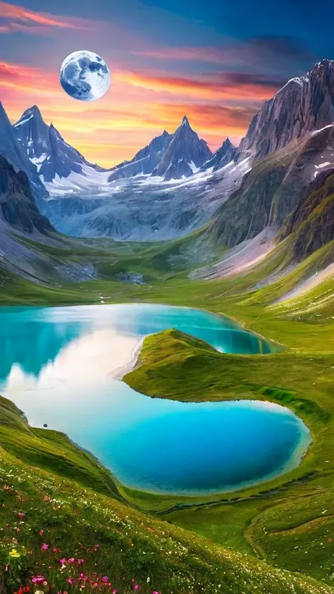 photo RAW,(spring,mountains and a lake with a moon in the sky, 4k highly detailed digital art, 4 k hd wallpaper very detailed, impressive fantasy landscape, sci-fi fantasy desktop wallpaper, 4k wallpaper, 4k detailed hdr photography, sci-fi fantasy wallpap...