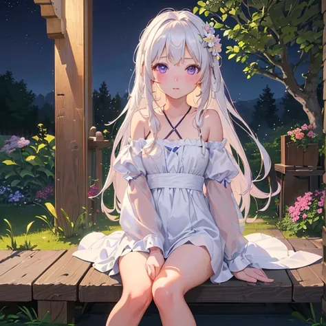 (best quality,4K,8K,high resolution,masterpiece:1.2),Very detailed,(Practical,photoPractical,photo-Practical:1.37),illustration,Soft Light,White hair girl,Deep purple eyes,Glowing eyes,sit down,barefoot,blush,Garden at night,Flowers.dew