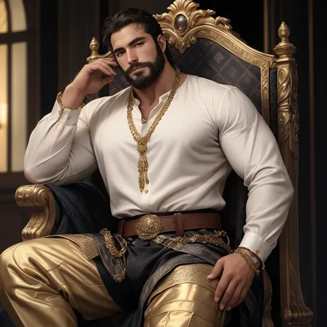 Masterpiece, high resolution, HDR, detailed composition, unique, hot handsome charming English mature hunk from the 1500s with a charming smile, patriarchy, medieval fashion, elegant white clothing, luxurious medieval white clothing with super fine golden ...