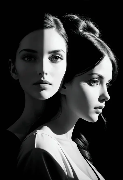 A black and white design of two overlapping women&#39;s faces, creating a shadow and depth effect.