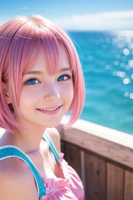 Pink short hair, blue eyes, smiling face, girl looking at the sea, Japanese anime