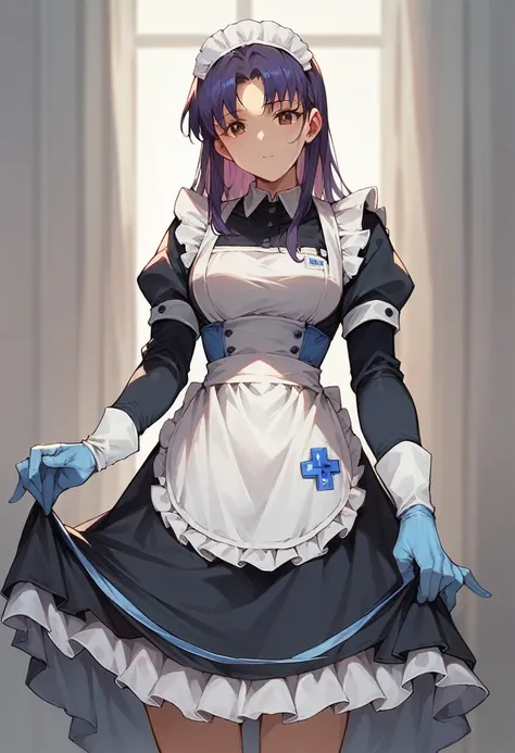 1girl, misato katsuragi, ((blue medical gloves)), (black maid uniform), ((long sleeves)), looking at viewer, standing, solo

