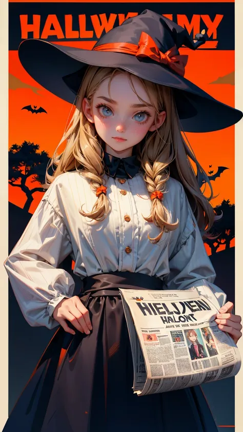 cute girl wearing hat and holding up a newspaper with the text "Announcement of Announcement," written on it, with a Halloween background and spooky trees in the back