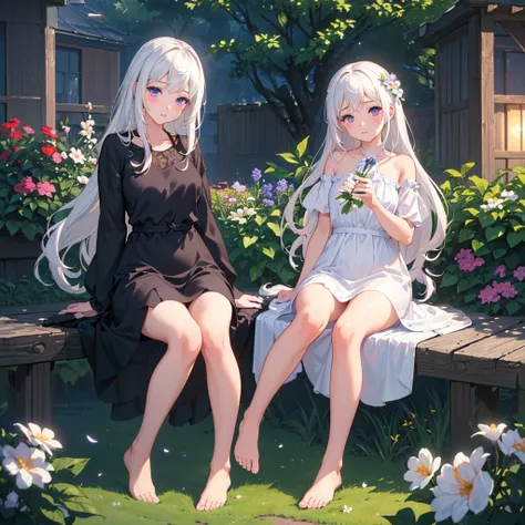 (best quality,4K,8K,high resolution,masterpiece:1.2),Very detailed,(Practical,photoPractical,photo-Practical:1.37),illustration,Soft Light,White hair girl,Deep purple eyes,Glowing eyes,sit down,barefoot,blush,Garden at night,Flowers.dew