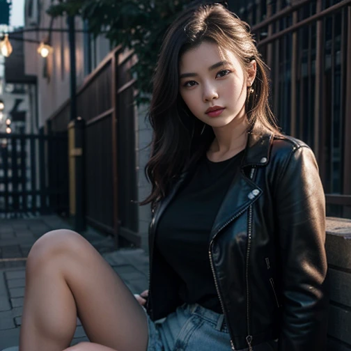 8k, top-quality, （pubic hair beauty）、hight resolution, lifelike, realperson, rainy backyard alley, London Style, Tangled, cinematic lighting soft lighting、A musician wearing a leather jacket is sitting and glaring at me.、a beauty girl、huge tit、beauty legs、