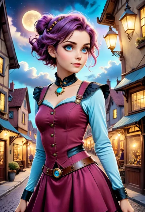 realistic, mesmerizing, modern analog photo, middle shot, photorealistic, (most detailed face, eyes), skyscape with clouds, nightfall, cute woman, small european town in 1910, short windblown skirt, soft steampunk aesthetic, short hair, smoke particles, ha...