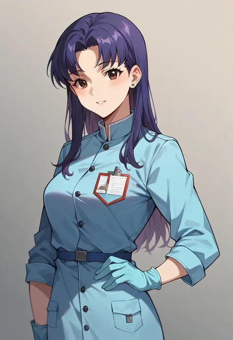 1girl, misato katsuragi, ((blue medical gloves)), (doctor uniform), ((long sleeves)), looking at viewer, standing, solo

