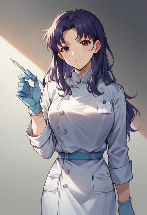 1girl, misato katsuragi, ((blue medical gloves)), (doctor uniform), ((long sleeves)), looking at viewer, standing, solo

