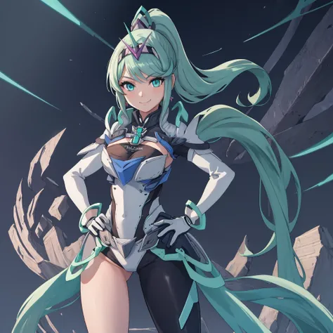 masterpiece, Highest quality, One girl, alone, Pneumadef, ponytail, tiara, Earrings, Chest jewels, armor, gloves, Hands on hips, View your viewers, smile