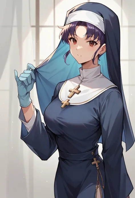 1girl, misato katsuragi, ((blue medical gloves)), (nun uniform), ((long sleeves)), looking at viewer, standing, solo

