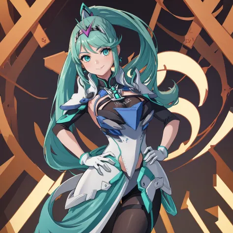 masterpiece, Highest quality, One girl, alone, Pneumadef, ponytail, tiara, Earrings, Chest jewels, armor, gloves, Hands on hips, View your viewers, smile