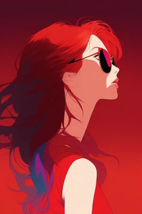 ((profile)),Bare shoulders,sexy, Cleavage,1 girl,Portraiture, (Red hair),(Long Hair),simple background, (masterpiece,Highest quality),lips, spark ,Rainbow Style, camisole, One Shoulder Top ,Stockholm,Dark red gradient , Ghibli Anime Style ,(Red background:...