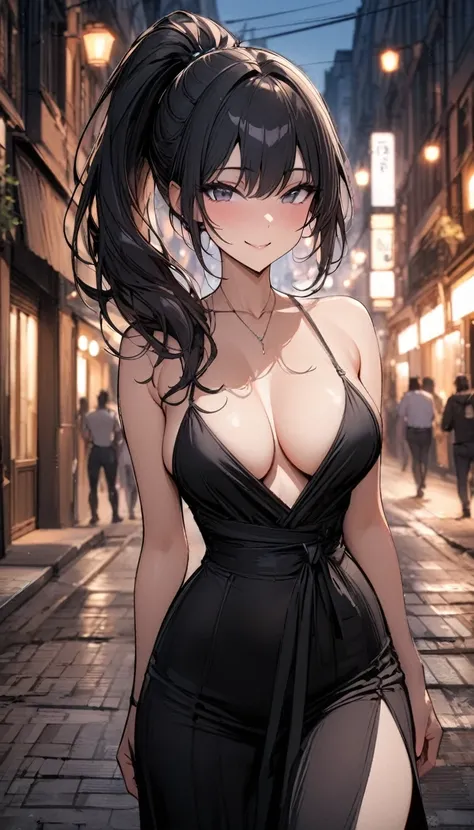 (masterpiece, best quality:1.2), 1 girl, alone , sexy , (maxi_dress), cowboy shot, black hair ,hair ponytail, (smile), (street_background) , outdoor, look at viewer, busty_breasts, cleavage 