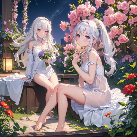 (best quality,4K,8K,high resolution,masterpiece:1.2),Very detailed,(Practical,photoPractical,photo-Practical:1.37),illustration,Soft Light,White hair girl,Deep purple eyes,Glowing eyes,sit down,barefoot,blush,Garden at night,Flowers.dew