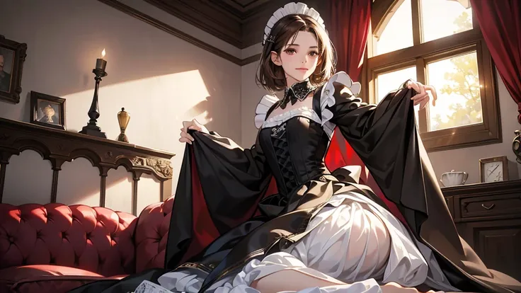 (tmasterpiece, high resolution,ultra - detailed:1.0),1 girl,Young and beautiful women,eye looking to camera,Perfect female body, (Vampire Castle), Extremely detailed CG,Unity 8k wallpaper，Complicated details, solo person, (Short brown hair, skimpy Maid clo...