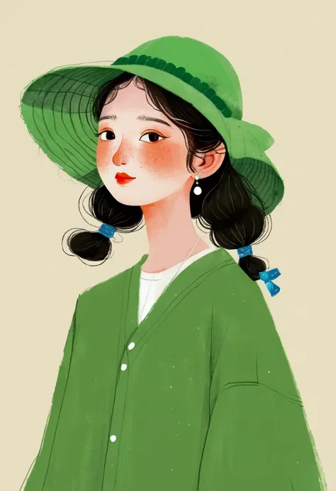 Wearing a green hat、Drawing of a girl wearing a green shirt, author Choi Buk, Li Song, by Zou Zhe, Lo-Fi Girl, Lovely art style, Mei Qing, author Jeong Seon, author：Ye Xin, Shin Jin Hye Art, by Zou Yigui, Color illustrations, author：unbelievable, by Qu Lei...