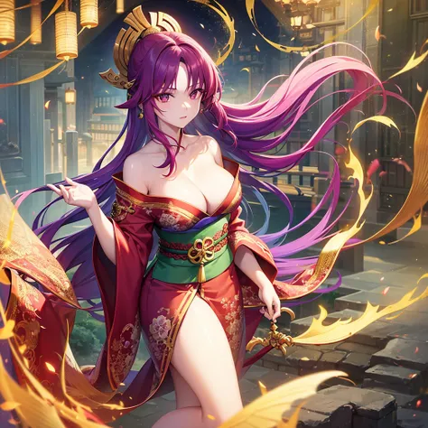 Make a beautiful young woman, pale skin, attractive appearance, young, half-dragon appearance, scales on her skin, red green hair, purple details in her hair, oriental clothes (kimono), monk clothes, red clothes, a strong physical appearance.