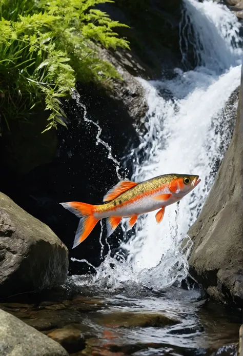 8k quality, ultra-high real photo, Japanese fish Oncorhynchus masou ishikawae, A fish jumps out of a deep mountain stream and bites the hair lure, splashing water. Under a clear summer sky, the streams current is strong, and the camera focuses on the strea...