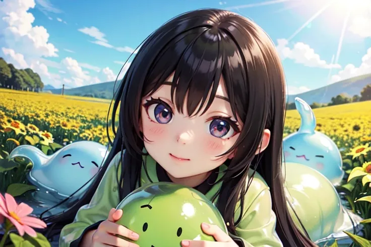 (Slime), lovely, ピンク色のSlime, Big eyes, Flower Field, blue sky, sunlight