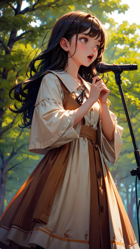 wooden dress cute girl, holding an audio mic and speaking into it with mouth wide open, trees in the background,